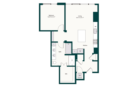 Floor plan for 1 bed, 1 bath, 933 sqft